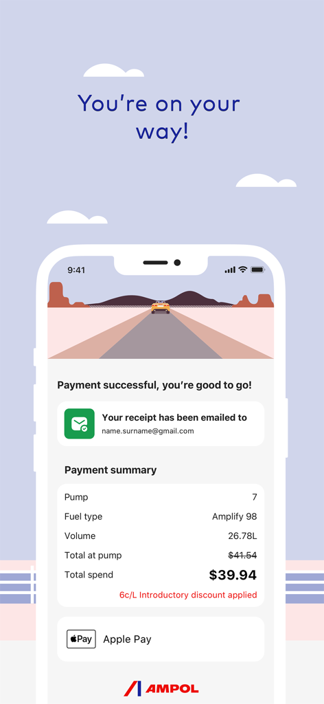 Ampol - Ampol app payment summary screen showing a successful transaction with fuel discount