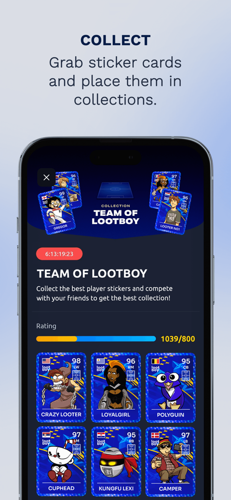 Ein Mobiltelefon, das die Sticker-Sammlungsfunktion der LootBoy-App mit verschiedenen Charakterkarten anzeigt