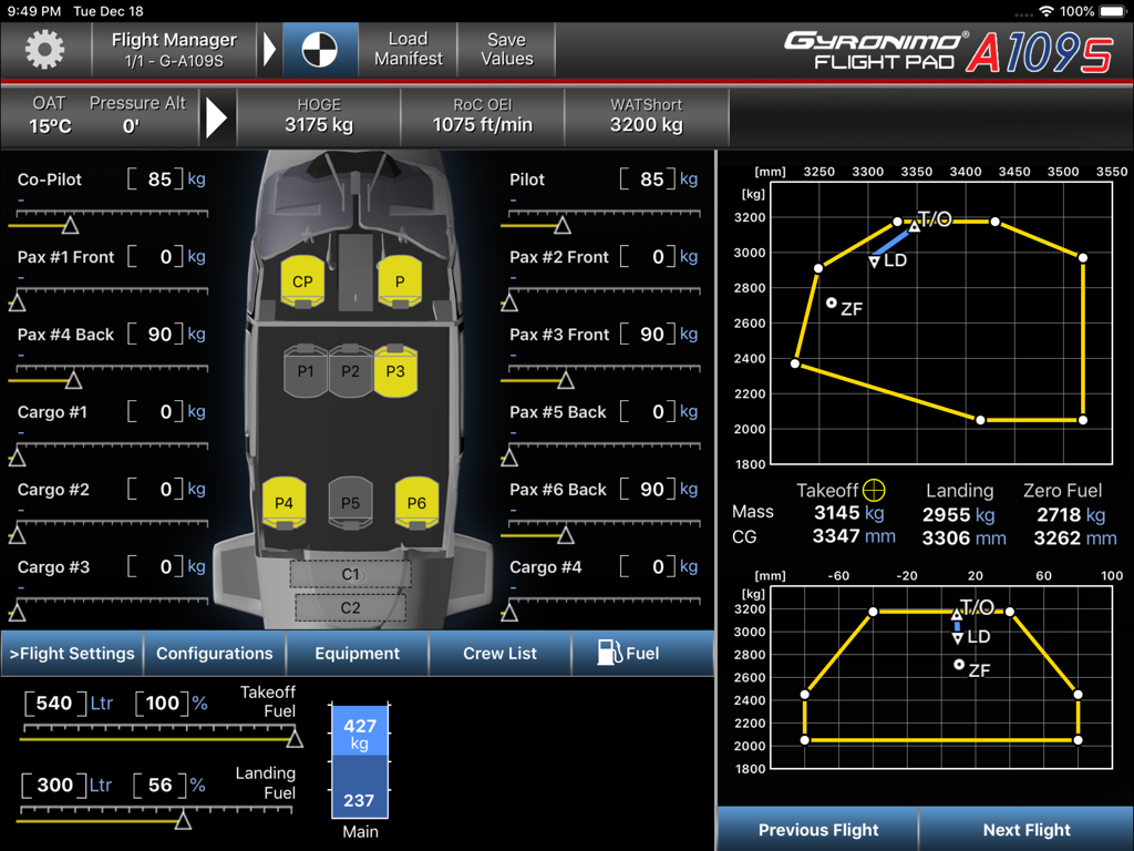 Gyronimo Flight Pad app interface for helicopter weight and balance and performance calculations