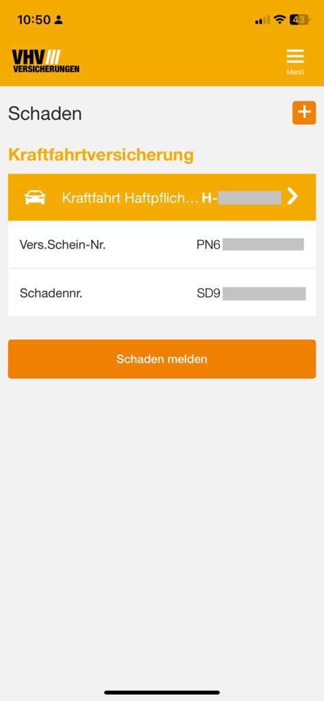VHV Kundenportal - Screen for reporting a motor vehicle insurance claim in the VHV Kundenportal app