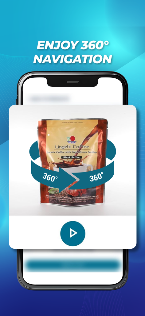 DXN Shop - Interfaccia dell'app DXN Shop che mostra la navigazione interattiva a 360 gradi del prodotto per Lingzhi Coffee
