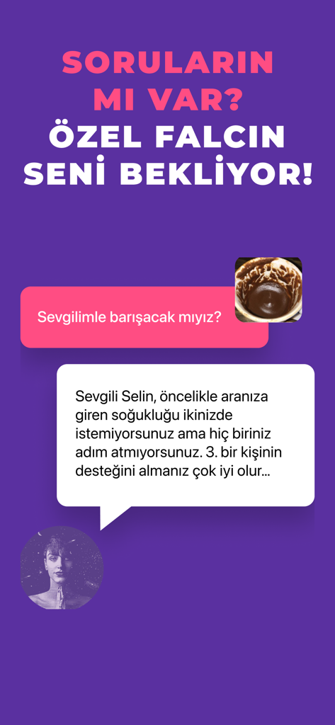 Chat interface of FaldanAdam app showing a personalized Turkish coffee reading response about a relationship question.