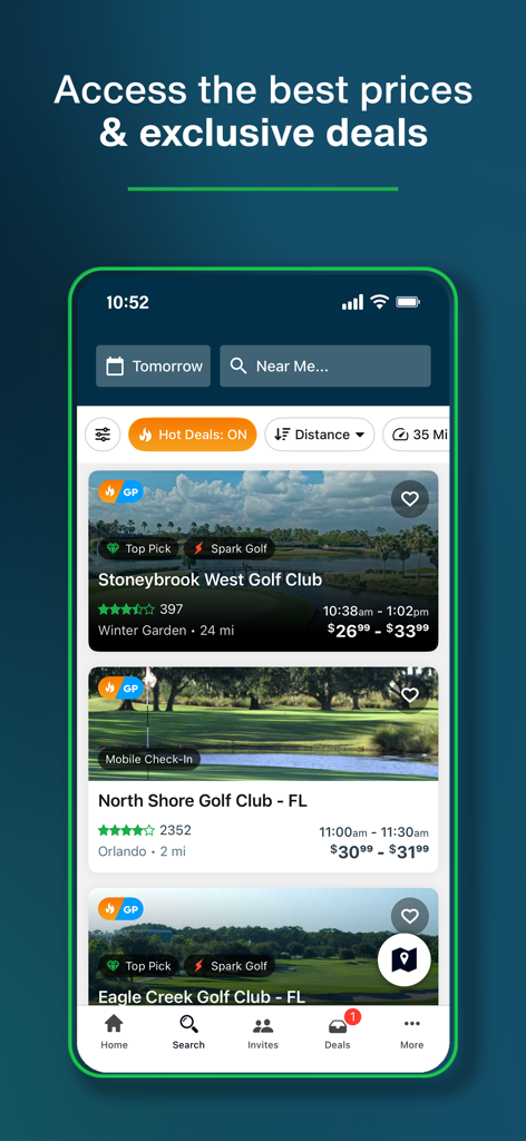 GolfNow app interface showing a list of golf courses with available tee times and discounted prices
