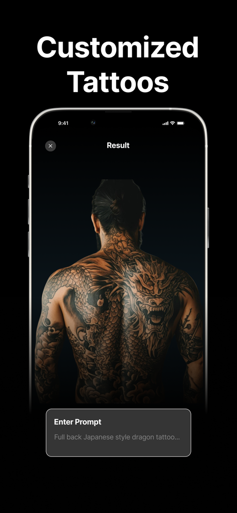 Ink AI: Tattoo Generator - AI generated full back Japanese style dragon tattoo design result on a person