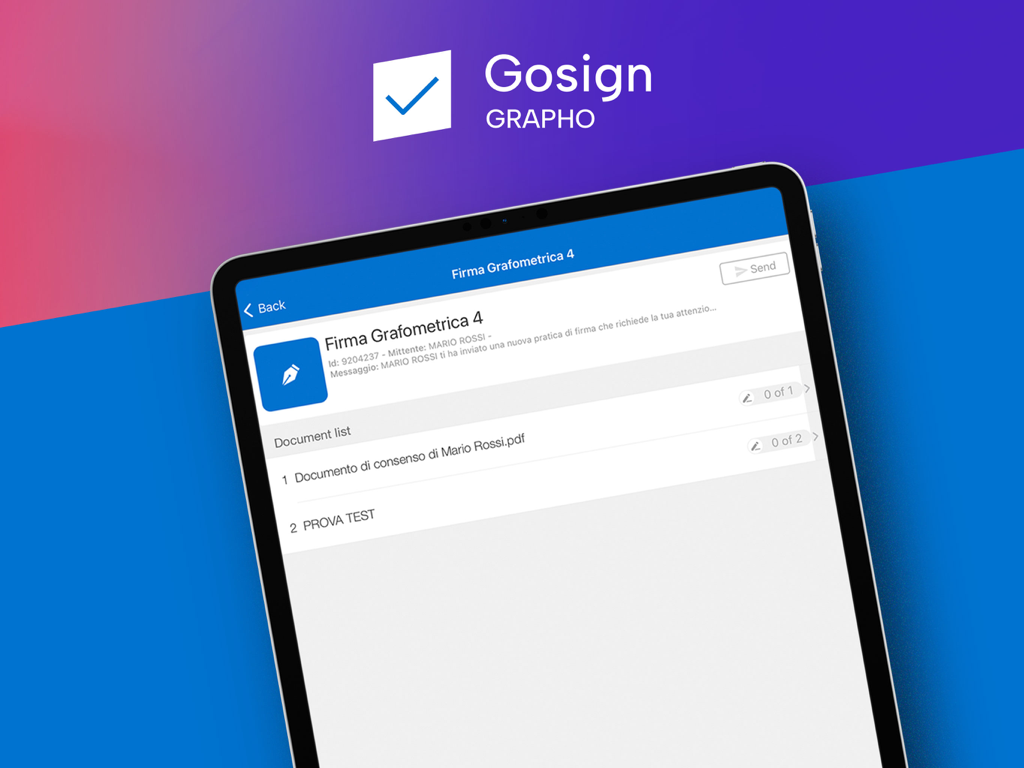 GoSign Grapho - L'app GoSign Grapho visualizza un elenco di documenti per la firma digitale biometrica sullo schermo di un iPad