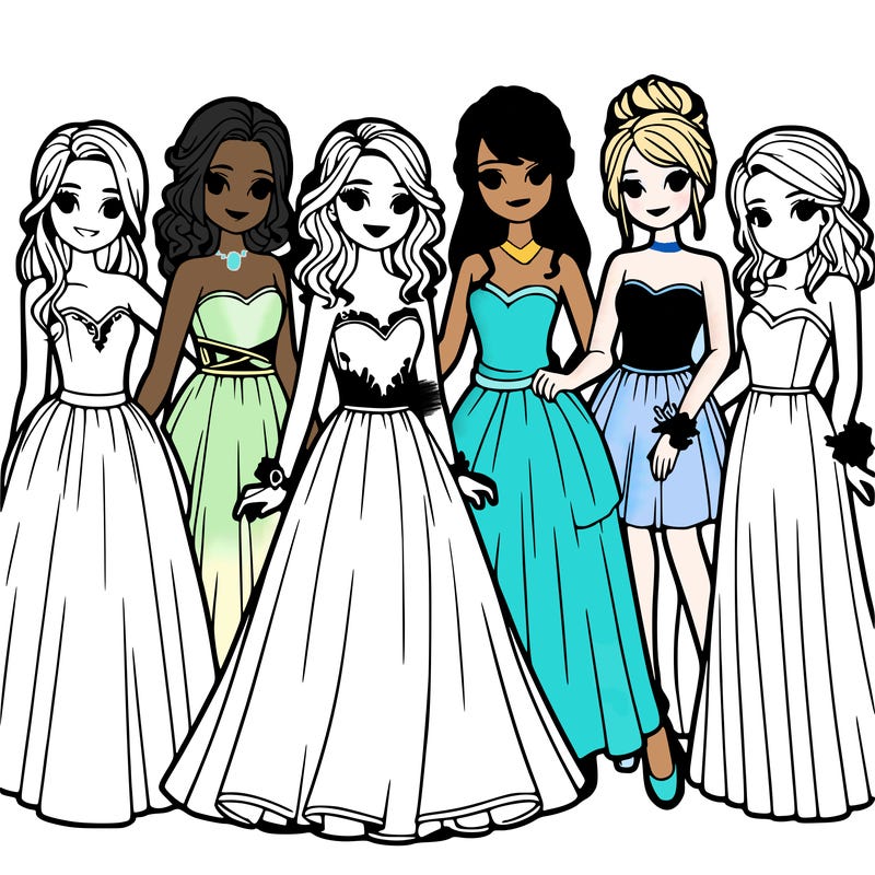 group of teenage girls in prom dresses