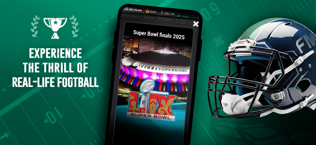 Aplicación Football Manager Mobile que muestra la final del Super Bowl 2025 en un teléfono inteligente junto a un casco de fútbol americano