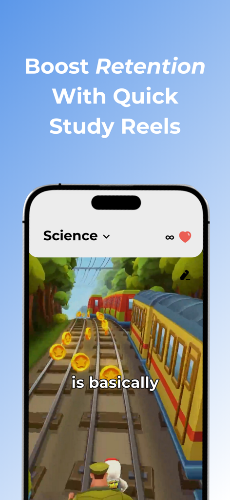 Studytok: Learn and Questions - 게임화된 비디오 배경의 과학 학습 릴을 보여주는 Studytok 앱 인터페이스