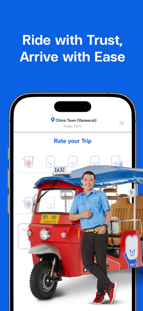 MuvMi app interface showing a trip rating screen and a friendly driver with a red electric Tuk Tuk.