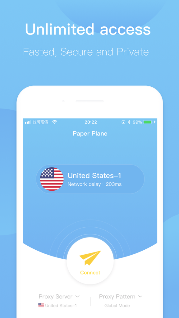 Paper Plane Safety VPN app on an iPhone showing a one-tap connection to a US server.