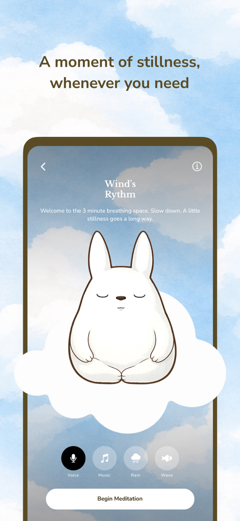 Koda: Cozy Self-Care - A cute white spirit meditating on a cloud in the Koda breathing exercise screen