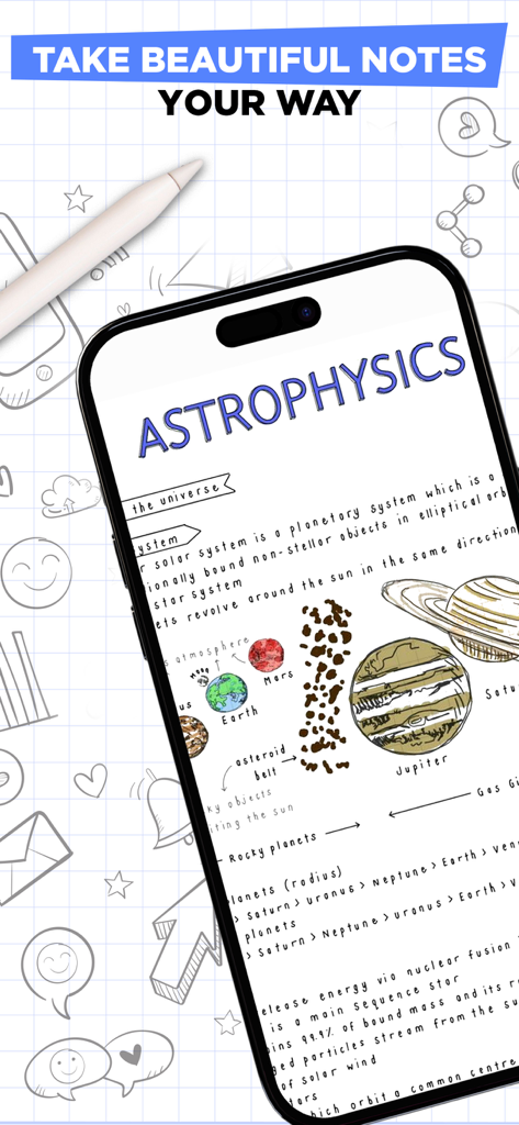 Notes: Note taking & writing - Un iPhone mostrando una nota digital de astrofísica bellamente organizada con texto escrito a mano y planetas dibujados a mano