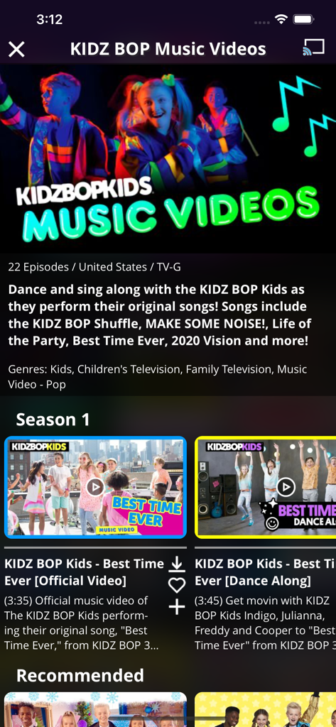 Interface of the KIDZ BOP+ app showing a selection of music videos and dance along tutorials for kids