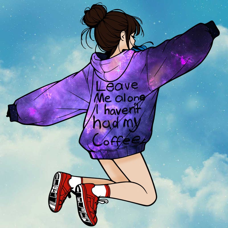 realistic girl jumping with a bun and oversized sweatshirt