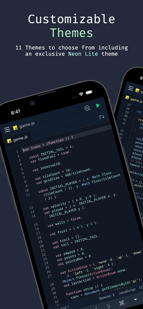 Spck Editor Lite - Spck Editor Lite app interface showing customizable themes and JavaScript code editor on a mobile device.