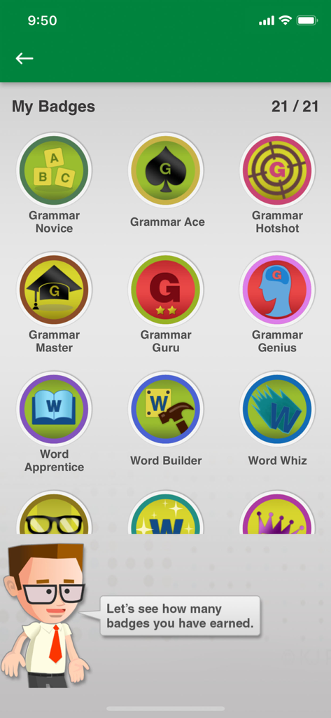 Johnny Grammar Word Challenge - The My Badges screen in Johnny Grammar Word Challenge app showing earned achievement icons for grammar and vocabulary levels.
