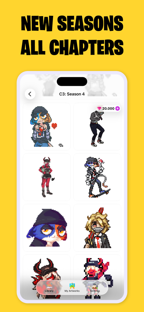 Pixelnite for Fortnite - A gallery of pixel art Fortnite characters in the Pixelnite app library.