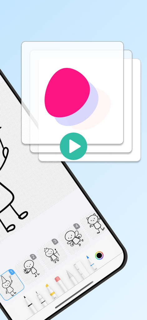 Animation Kit - Draw Animation - Interface mobile de l'application Animation Kit montrant des outils de dessin et des images d'animation image par image