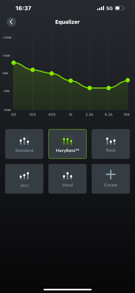 Oraimo Sound app equalizer interface showing a frequency graph and various audio presets like HavyBass and Rock