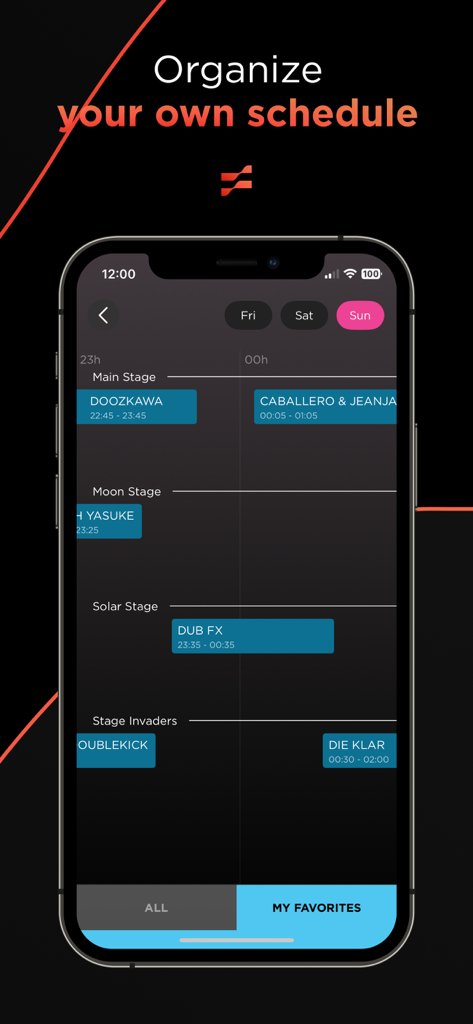 FEST: Your Festivals, One App - A smartphone displaying a personalized festival schedule with artist set times across multiple stages.