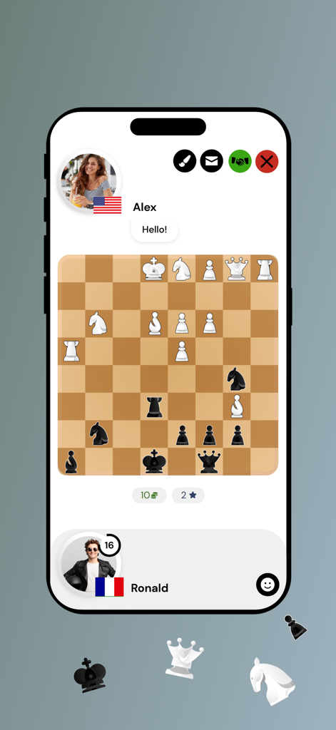 Chess Live Online - Una partida de ajedrez en línea en vivo entre dos jugadores con perfiles y una interfaz de chat.