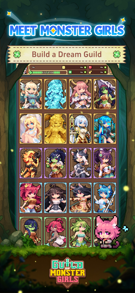 Guild of Monster Girls - Une grille de divers portraits de personnages de filles monstres en pixel art dans le menu du jeu Guild of Monster Girls.