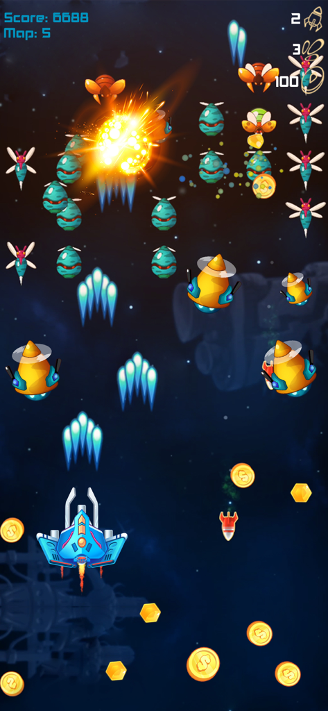 Galaxy Attack Alien Shooter II - Gameplay screenshot of Galaxy Attack Alien Shooter II featuring a spaceship firing at alien enemies in space with explosions and collectible gold coins.