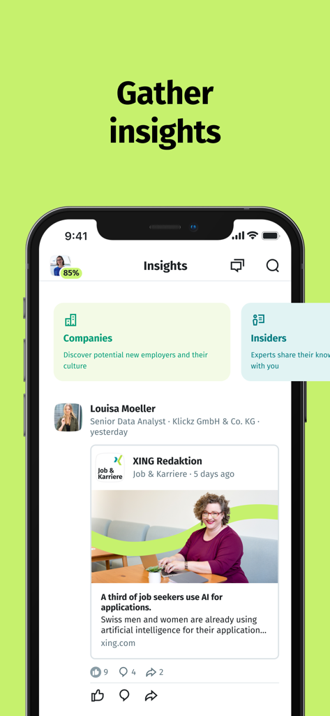 Écran des informations de l'application mobile XING montrant des actualités professionnelles et des sections de découverte d'entreprise