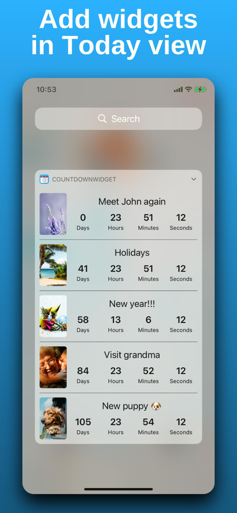 Countdown with widget - iPhone Today view displaying a list of aesthetic event countdowns in a widget