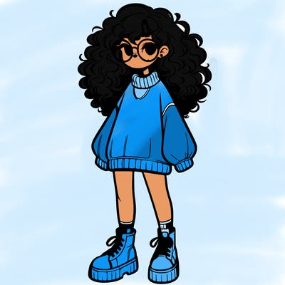 a realistic girl with curly hair in a oversized sweater with glasses and platform sneakers