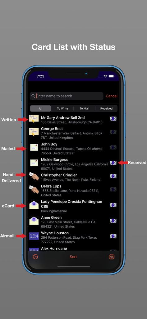 Address Labels & Envelopes - Captura de pantalla del iPhone que muestra una lista de tarjetas de envío con iconos de estado para tarjetas escritas, enviadas, entregadas a mano y recibidas