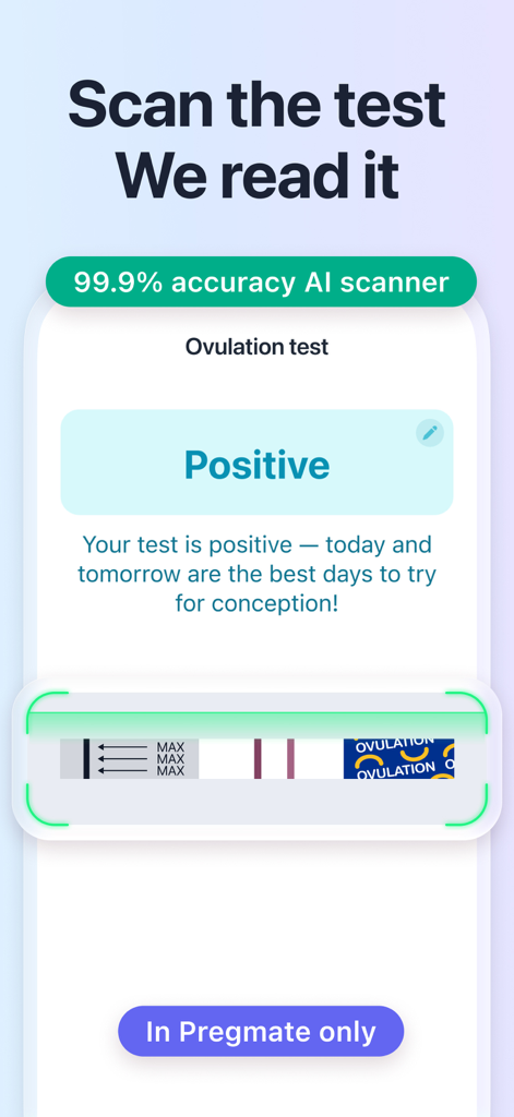Scanner IA de l'application Pregmate lisant une bandelette de test d'ovulation avec un résultat positif