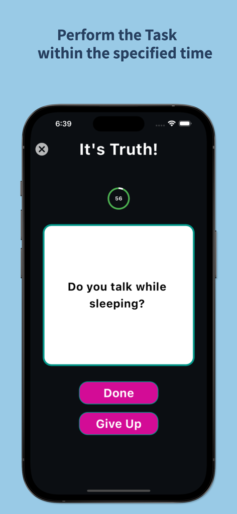 Truth or Dare app interface showing a truth question card and a countdown timer