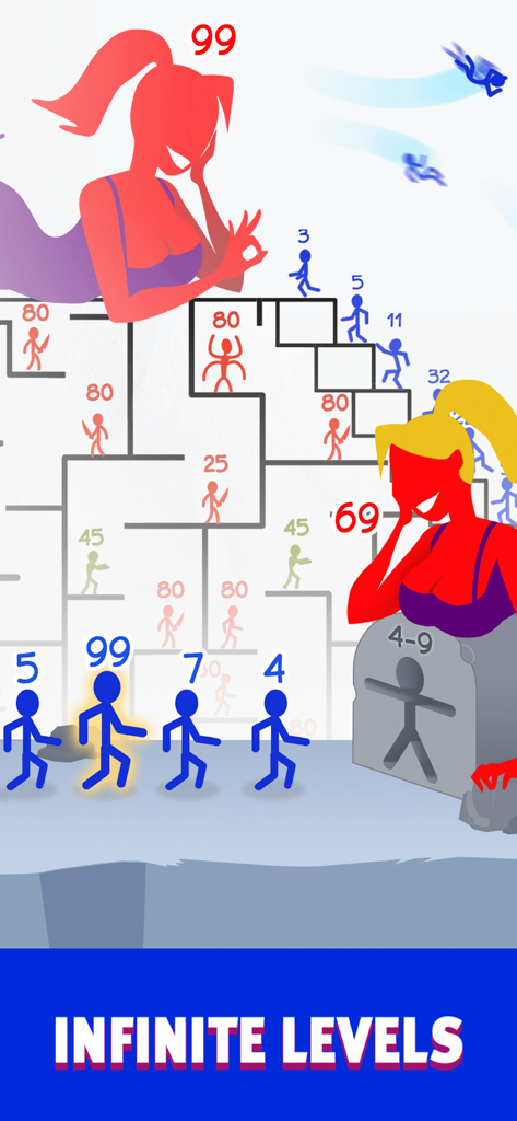 Mighty Party Battle Heroes game screenshot showing an infinite levels stick figure puzzle with power numbers