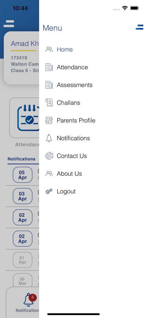 Side navigation menu of the Beaconhouse school app for parents showing academic and administrative options