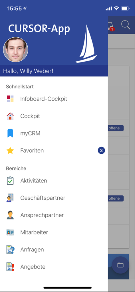 CURSOR - Mobile navigation menu of the CURSOR CRM app showing user profile and business management sections