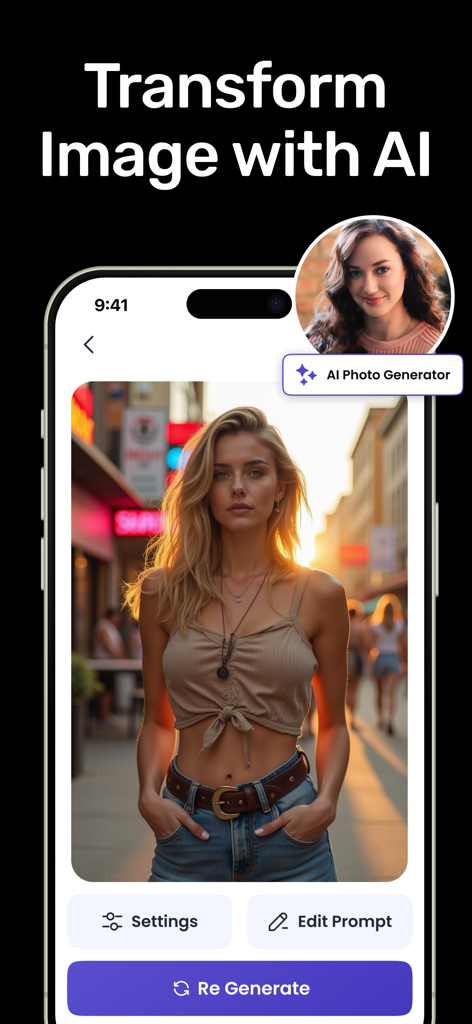 AI Art & Image Generator - AIで高品質なポートレートに写真を変換するAIアートと画像ジェネレーターアプリを示すスマートフォン