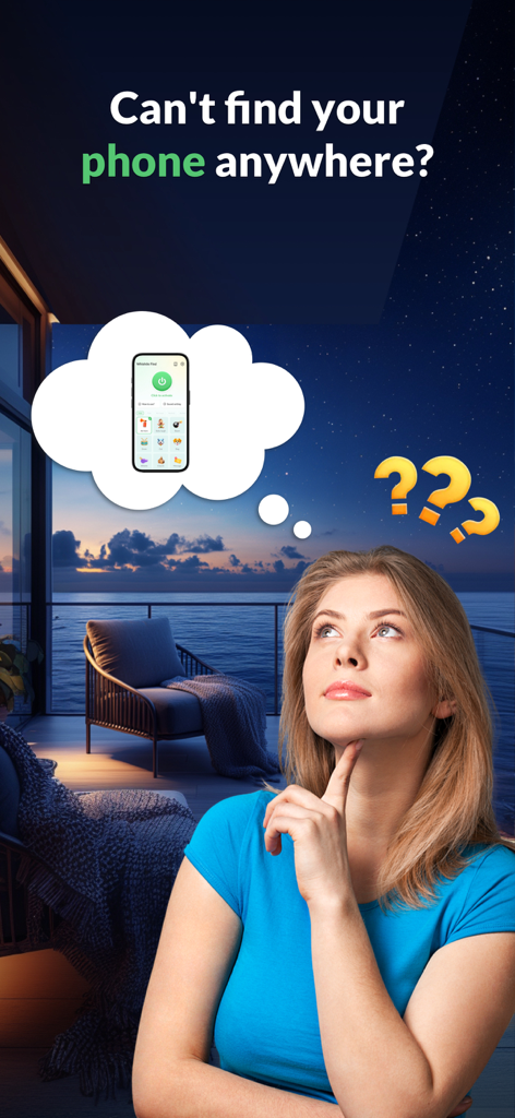 Whistle - Find phone by clap - A woman thinking about finding her lost phone with a thought bubble showing the Whistle Find app interface