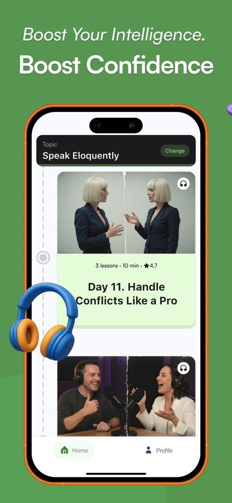 SmartyMeアプリのインターフェース。自信を高めるために、プロのように対立を処理する方法に関する10分間のマイクロラーニングレッスンが表示されています。