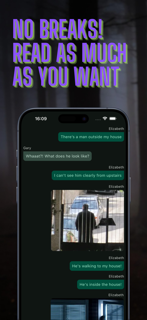 Interface de história de chat de terror cheia de suspense em um telefone com o texto Sem pausas, leia o quanto quiser