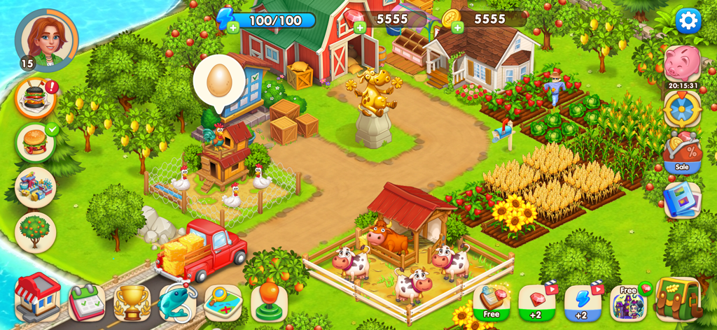Gameplay-Screenshot von Farm Town, der eine bunte Farm mit Feldfrüchten, Kühen und einem roten LKW zeigt.