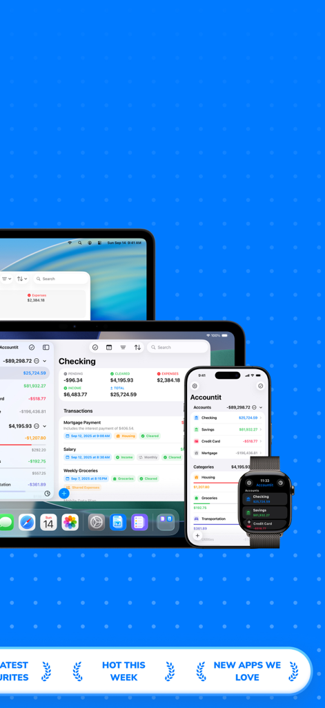 Expenses Tracker - Accountit - Accountit expense tracking app shown on Mac iPad iPhone and Apple Watch
