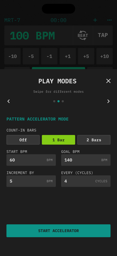 MRT-7 Metronome - Interfaz de la aplicación Metrónomo MRT-7 que muestra la configuración del modo de acelerador de patrón con controles de BPM y botón de inicio
