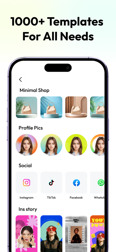 Mobile app screen showing a variety of AI photo templates for social media stories and product listings