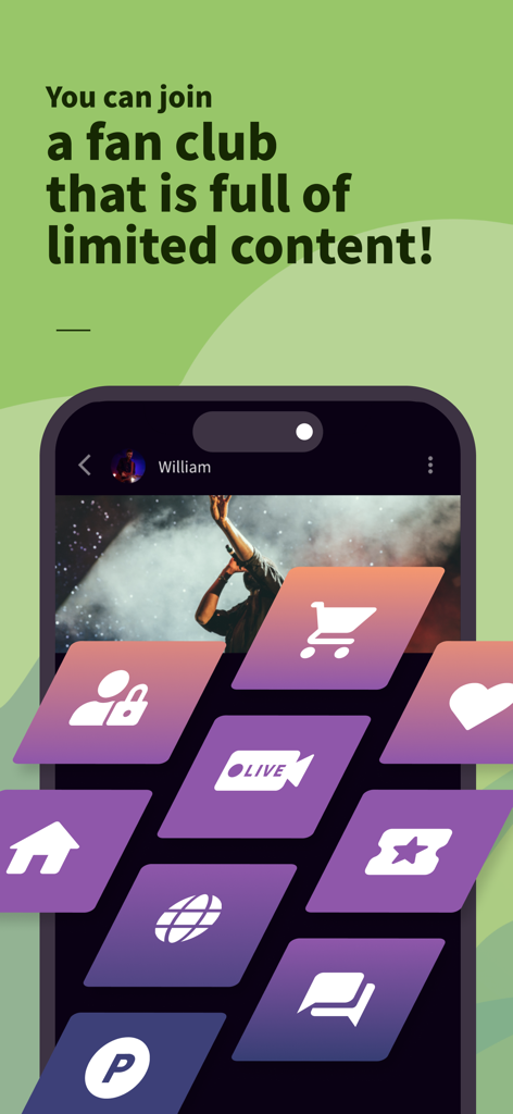 Bitfan mobile app screenshot showing various features like fan clubs, live streaming, and limited content icons over an artist profile.