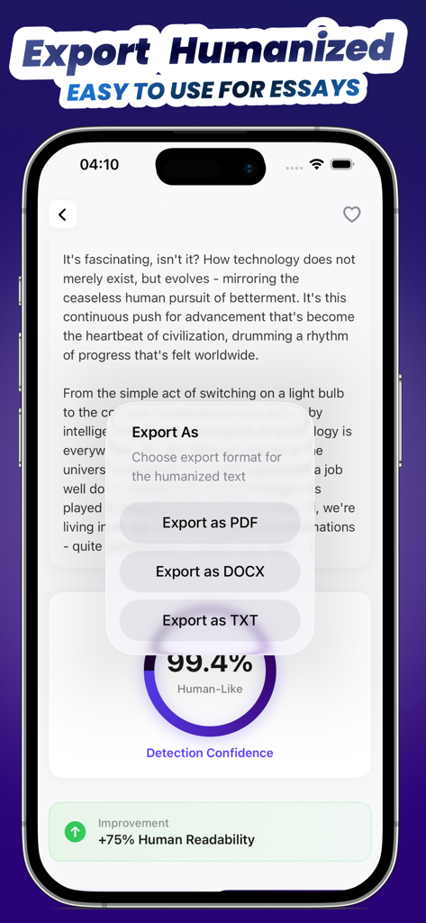Interface of W. Writes AI Humanizer app showing export options for humanized text and a high human-like detection score.
