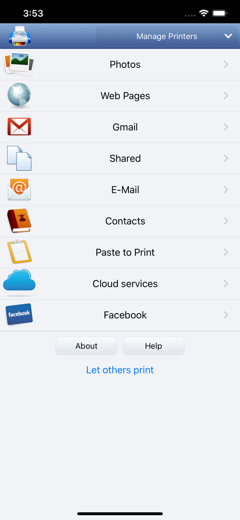 PrintHand Mobile Print Premium - Hauptmenü der PrintHand Mobile Print Premium App mit Druckoptionen für Fotos, Webseiten, E-Mails und Cloud-Dienste