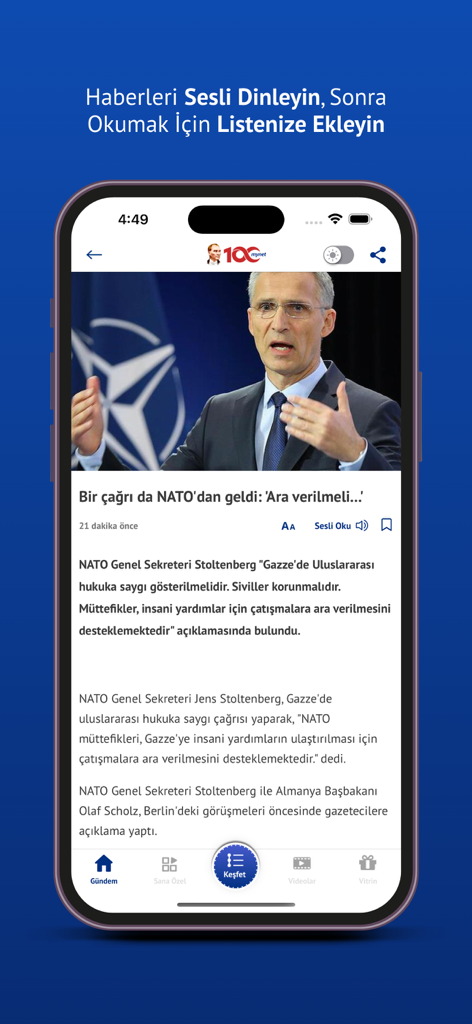 Mynet Haber - Son Dakika - Mynet Haber mobile app interface showing a news article with a voice reading feature and text about listening to news