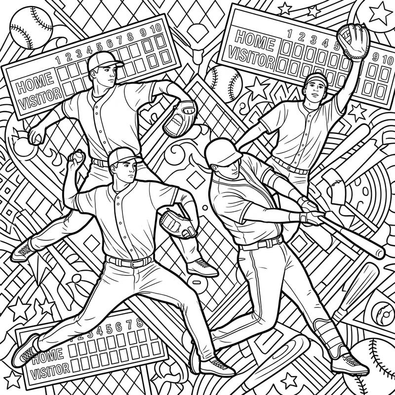 Gear up for an exciting coloring experience with our dynamic baseball players template, perfect for teens who love the game. Immerse yourself in intricate action scenes and sporty backgrounds, bringing your favorite players to life with every color.