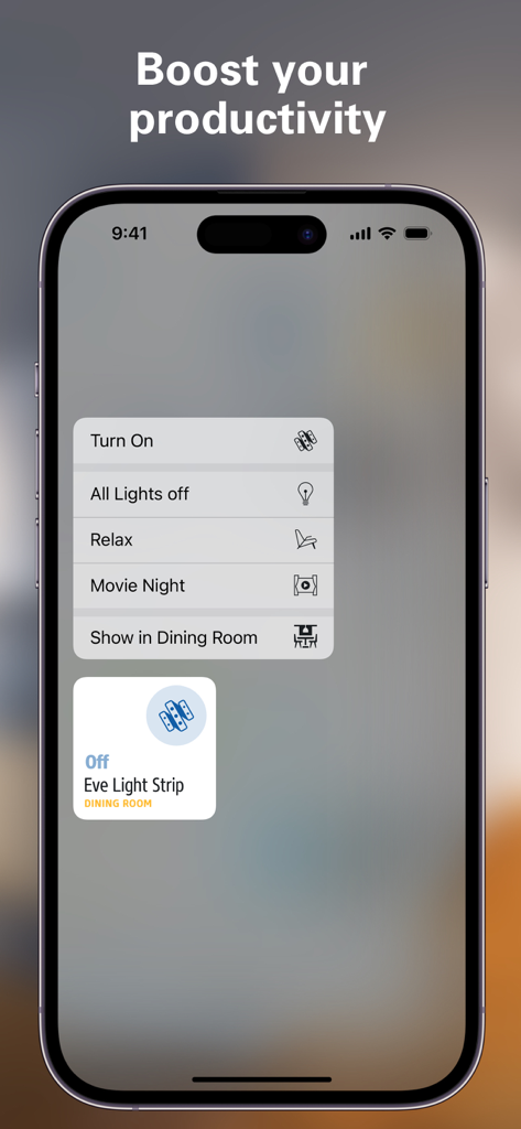 Eve for Matter & HomeKit - iPhone screen showing Eve app quick access menu for smart home scenes like Movie Night and Relax
